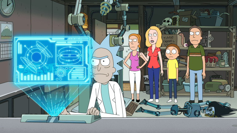 Rick Sanchez stares at a holographic screen while Summer, Beth, Morty, and Jerry stare angrily at him in the background